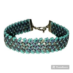 HANDMADE aqua blue & metallic gray woven beaded herringbone pattern bracelet